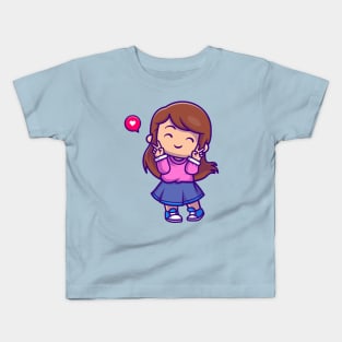 Cute Girl With Peace Sign Cartoon Kids T-Shirt